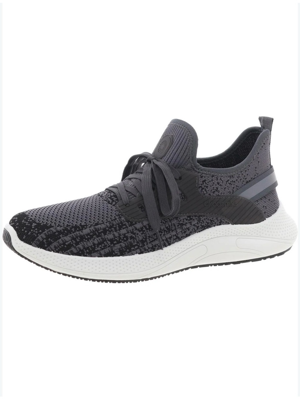 Akademiks brand knitted gray sports shoes with a cushioned white sole.